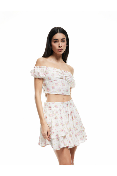 Koton Aerobin Viscose Fabric Fake Sleeve Off Shoulder Floral Crop Blouse