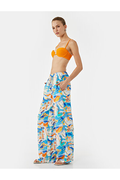 Koton Keten Karışımlı Desenli Bol Paça Pantolon