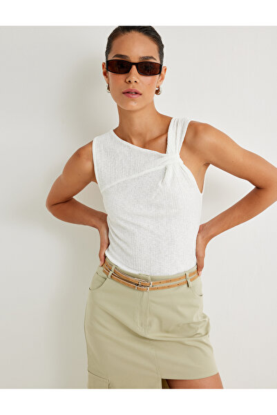 Koton Asymmetric Collar Top Sleeveless Knot Detail Textured Slim Fit