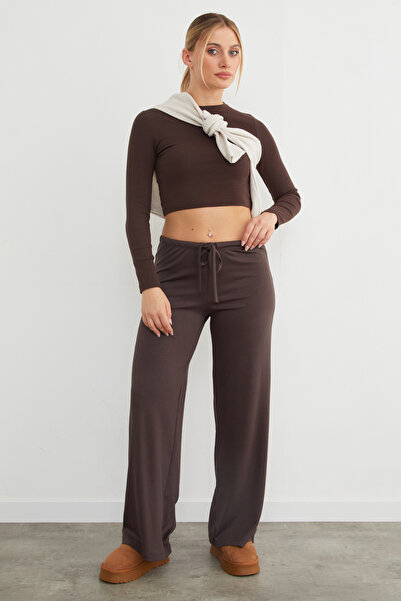 Fulla Moda Παντελόνι Modal με φαρδύ πόδι και δεμένη μέση