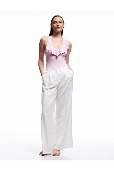 Koton Sandy Fabric Slim Fit V-Neck Ruffled Bodysuit