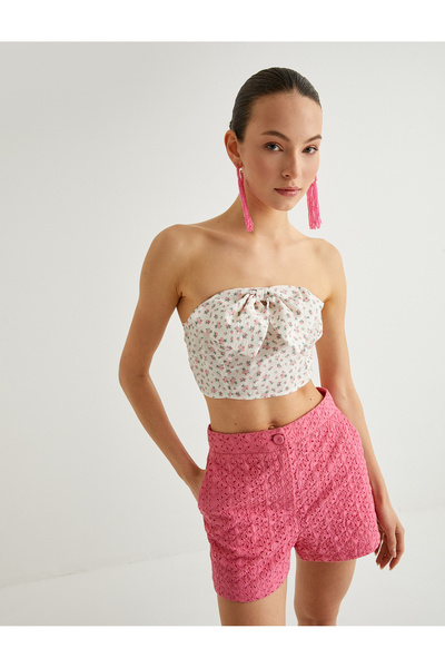 Koton Floral Strapless Bustier Crop Bow Detailed Slim Fit