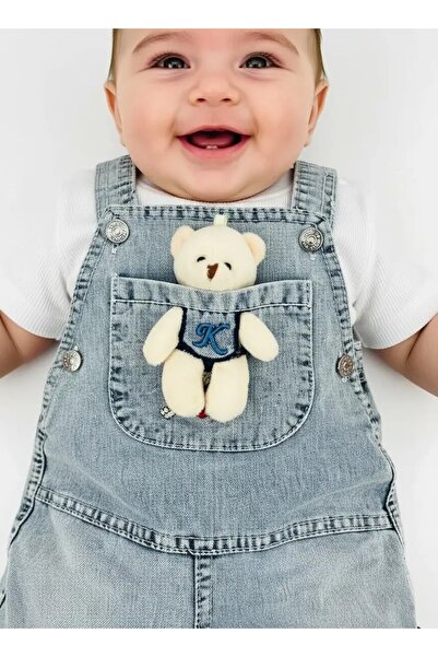 BEBERAZZİ Denim Salopet Jumpsuit with Teddy Bear on the Front and T-Shirt