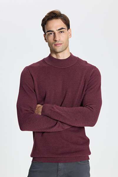 AC&Co / Altınyıldız Classics Burgundy Standard Fit Half Turtleneck Cotton Patterned Knitwear Sweater