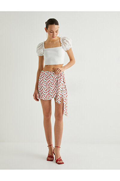 Koton Fruit Patterned Mini Skirt with Tie Detail