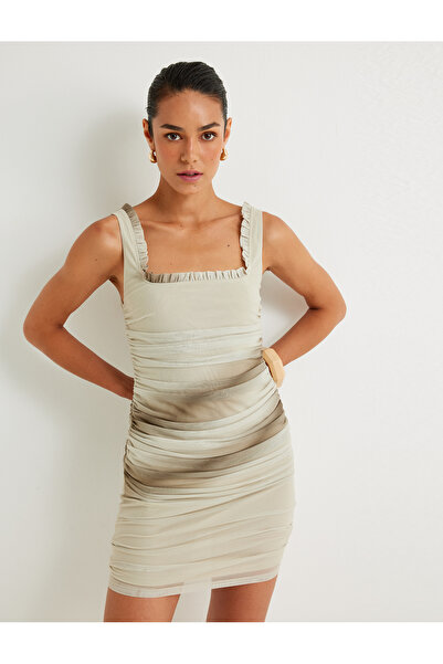 Koton Tulle Mini Pencil Dress Draped Ruffle Detail Square Neck Slim Fit