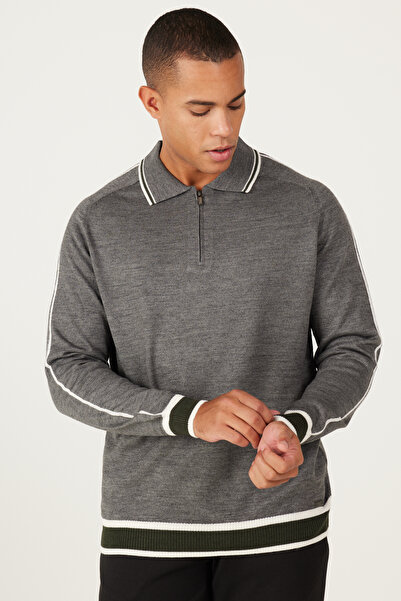 ALTINYILDIZ CLASSICS Сіро-зелений вовняний стандартний крій, нормальний крій, поло-комір, трикотажний светр