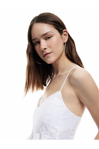 Koton Flounce V-Neck Cotton Suspender Slim Fit Stitch Detailed Crop Blouse