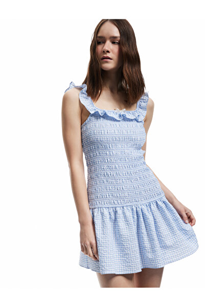 Koton Mini rochie cu decolteu barca, cu umeri expusi, cu detaliu de volane în carouri