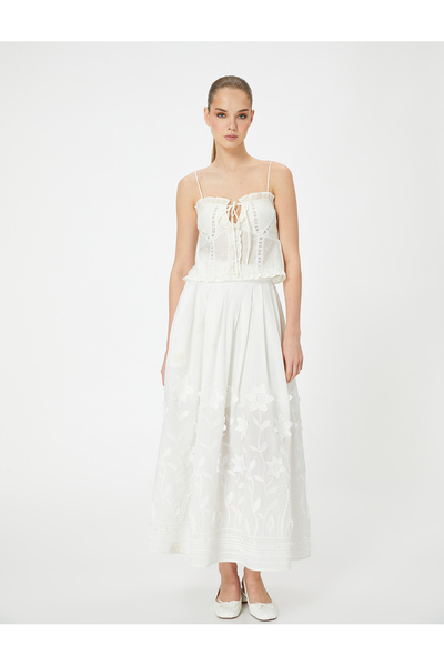 Koton Linen Blend Embroidered Strap Top