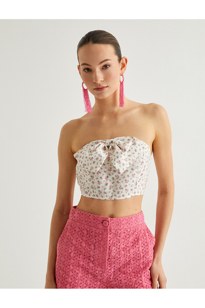 Koton Floral Strapless Bustier Crop Bow Detailed Slim Fit