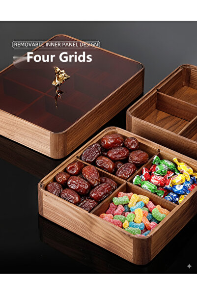 KB صندوق تمور من الخشب الصلب، للاستخدام المنزلي، غطاء مقسم، صندوق تخزين للوجبات الخفيفة والحلوى والشوكولاتة، أربع شبكات