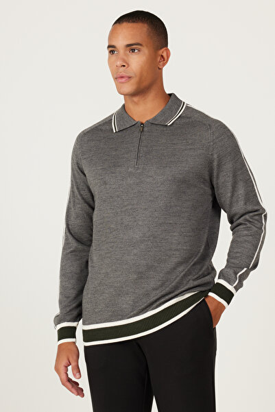 ALTINYILDIZ CLASSICS Сіро-зелений вовняний стандартний крій, нормальний крій, поло-комір, трикотажний светр