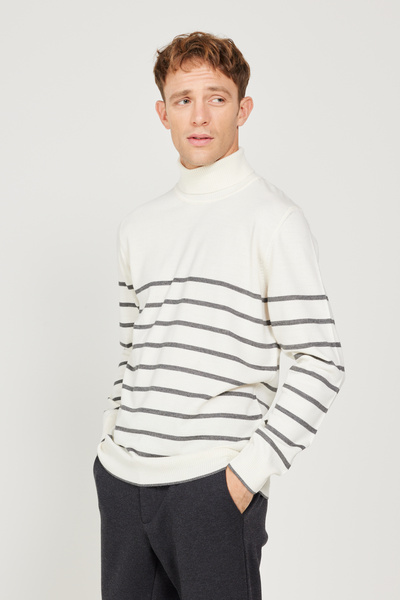 ALTINYILDIZ CLASSICS Πλεκτό πουλόβερ με λαιμόκοψη σε γκρι εκρού, κανονική εφαρμογή και κομμένη εφαρμογή