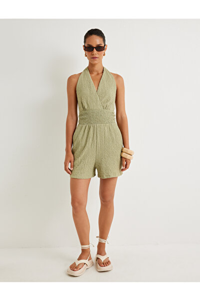 Koton Double-Breasted Halter Neck Mini Shorts Jumpsuit Textured Gipeli Halter Neck