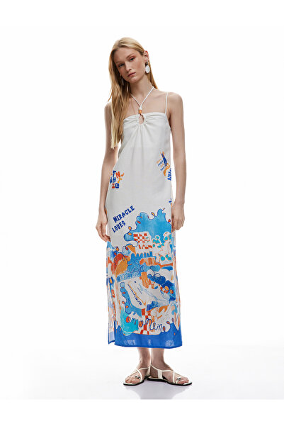 Koton Rochie midi cu bretele subțiri, cu cu fantă modele, fără mâneci, cu detaliu de legare la gât