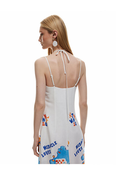 Koton Rochie midi cu bretele subțiri, cu cu fantă modele, fără mâneci, cu detaliu de legare la gât