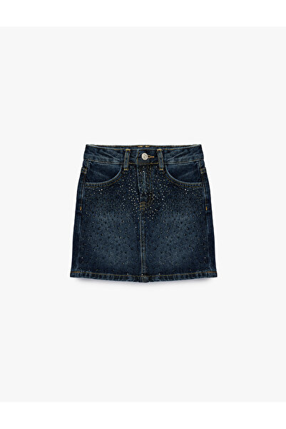 Koton Fusta mini din denim cu pietre aplicate cu buzunare din bumbac