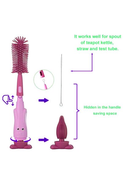 JZS Baby Bottle Brush, 3 in 1 Cleaning Brush with Straw Crevice Cleaner(Red)