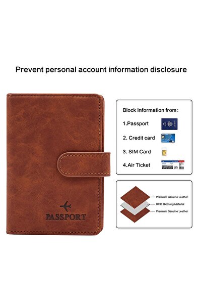 JZS Leather Passport Holder RFID Blocking Leather Card Case Travel Wallet for Women Men (Brown)