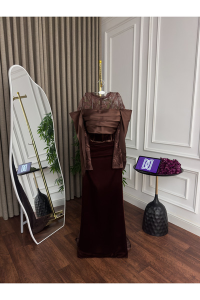 Generic Luxurious Korean velvet evening gown with exquisite lace - artistic draped design in a royal chocolate color