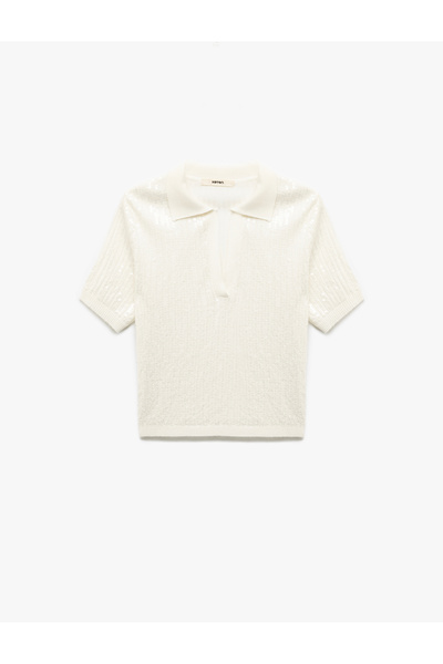 Koton Sequined Short Sleeve Knitwear Polo Neck Sweater