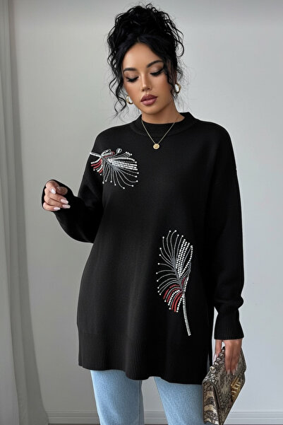 NEWCO Stone Printed Leaf Themed Knitwear Tunic Sweater with Side Slit Detail