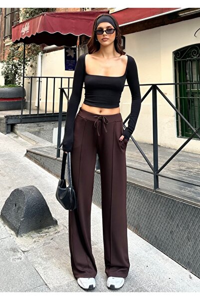 BEJNA Women's Ribbed Detailed Soft Modal Textured Straight Cut Pants