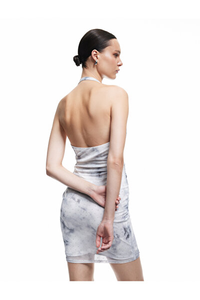 Koton Slim Fit Patterned Backless Drape Collar Mini Dress with Stones