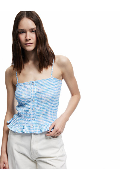 Koton Μπλούζα με κορδόνια με κουμπιά και βολάν, στενή εφαρμογή, με κορδόνια από πλέγμα