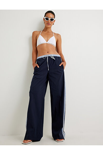 Koton Striped Detail Wide-Leg Pants with Side Pockets, Color Contrast, Tie-Wa...