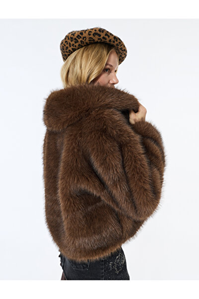 Koton Suni Faux Fur Coat Long Sleeve Double-Breasted Crop