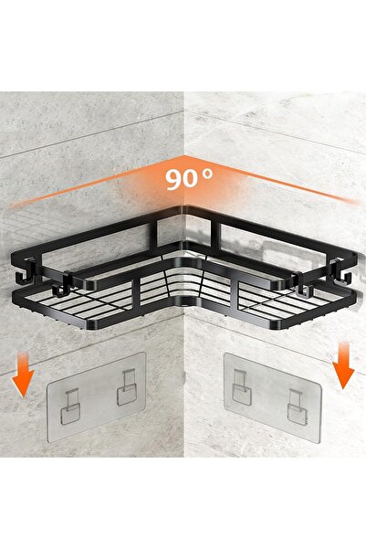 NO BRAND Shower rack, non drilling self-adhesive, with 4 hooks, 2-piece set, rust proof, black