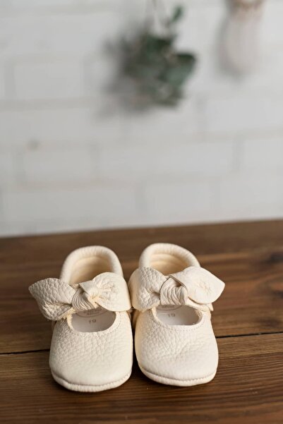 Olivo Mini Yeni Doğan Bebek Deri Krem Kurdeleli Kız İlk Adım Ayakkabı