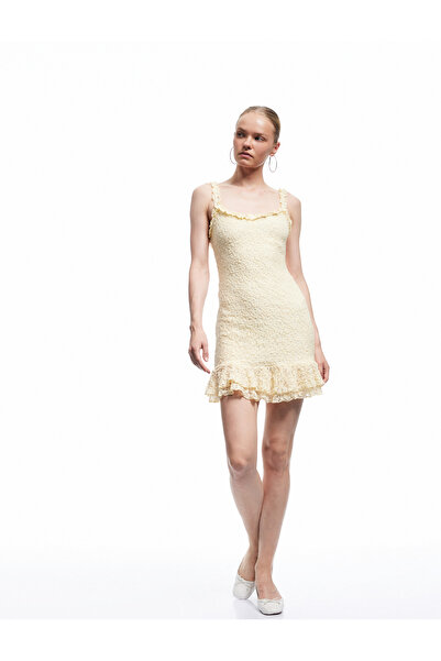 Koton Square Neck Sleeveless Ruffle Detail Lace Mini Dress