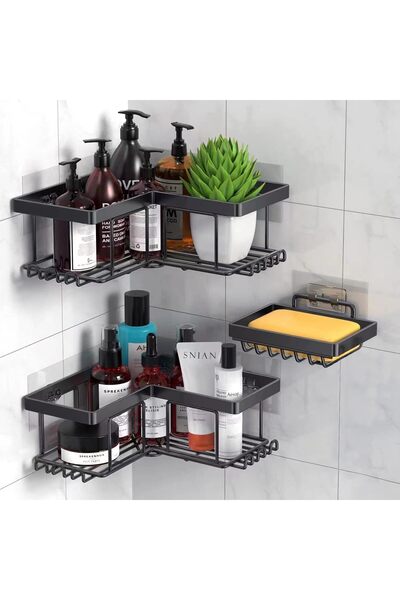 NO BRAND رف دش زاوية (طقم من 3 قطع)، غير مثقوب، مع حامل صابون