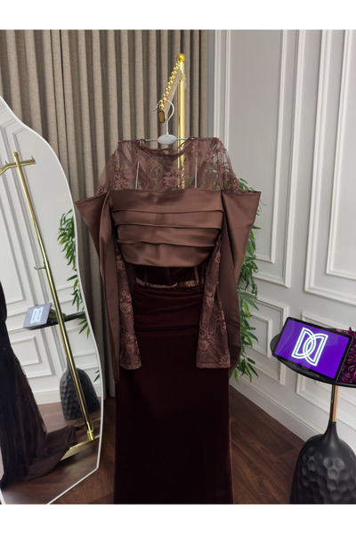 Generic Luxurious Korean velvet evening gown with exquisite lace - artistic draped design in a royal chocolate color