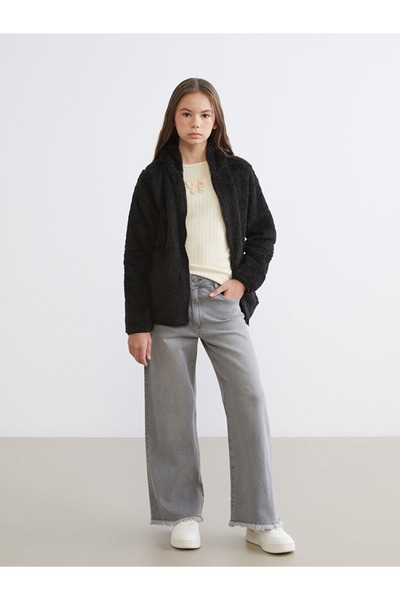 LC Waikiki Kids Black Hooded Plush Girls' Zippered Sweatshirt