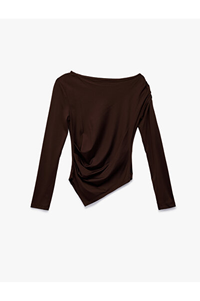 Koton Slim Fit Asymmetrical Cut Draped Long Sleeve T-Shirt