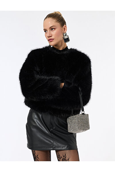 Koton Suni Faux Fur Coat Crop Long Sleeve Crew Neck
