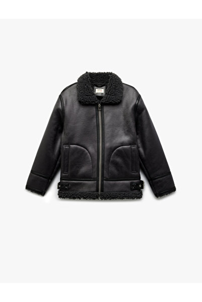 Koton Long Sleeve Plush Collar Detailed Pocket Zippered Leather Jacket