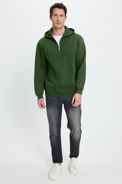 Tudors Unisex Relax Fit Comfortable Cut Cotton Fleece Inside Half Zipper Green K Hooded Sweatshirt