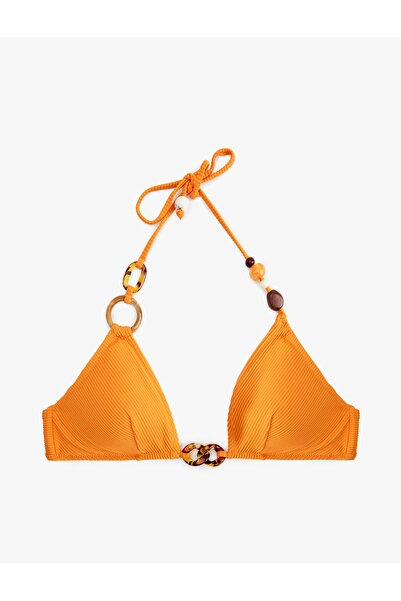 Koton Deep V-Neck Bikini Top with Textured Accessories