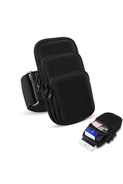 JZS Running Phone Armband 3 Pockets with Earphone Hole Black