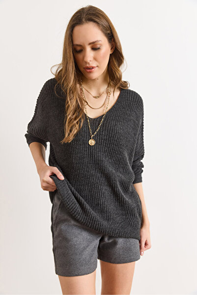 Olalook Γυναικείο πλεκτό τούνικ ανθρακί με λαιμόκοψη σε σχήμα V oversized TNK-19000081