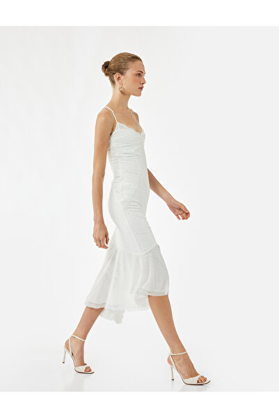 Koton Ασύμμετρο βραδινό φόρεμα με λουράκια από τούλι και δαντέλα