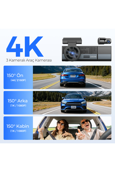 AZDOME M500 4K 3 Kameralı Araç İçi Kamera