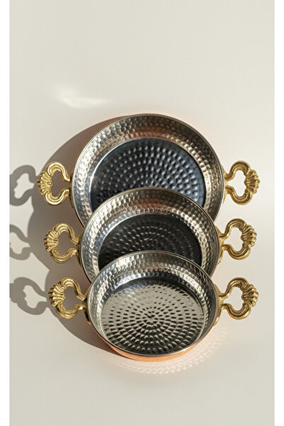 TRENDÜSTRİYEL Bakır Tava 3'lü Kalın El Dövmesi 16-18-20 cm