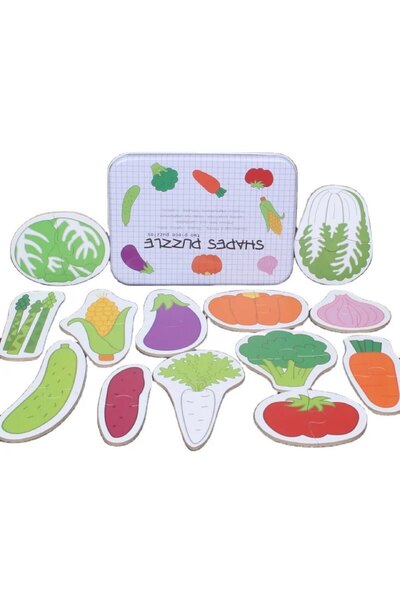 bebeLOGIC Образователен дървен пъзел, bebeLOGIC, зеленчуци, метална кутия, 17...