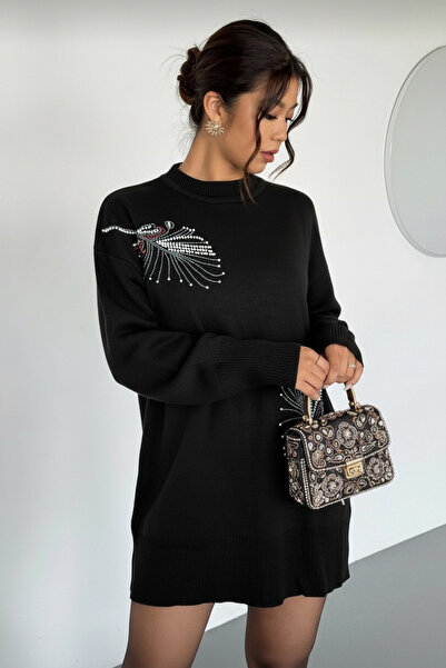 NEWCO Stone Printed Leaf Themed Knitwear Tunic Sweater with Side Slit Detail